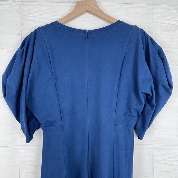 eShakti Midi Dress Size M Blue Fit Flare Asymmetric Puff Sleeve Jersey Cotton - Picture 9 of 14